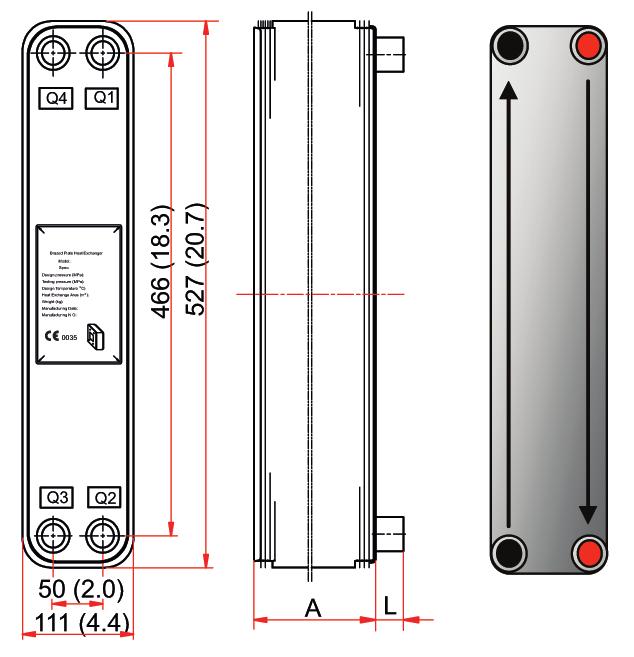 Kaynaklı Plakalı Eşanjörler MB-08 Paralel akış Kaynaklı Plakalı Eşanjör MB-08 Plaka sayısı A (mm) Ağırlık (kg) Hacim (L) Q1 Q2 tarafı / Q3 Q4 tarafı