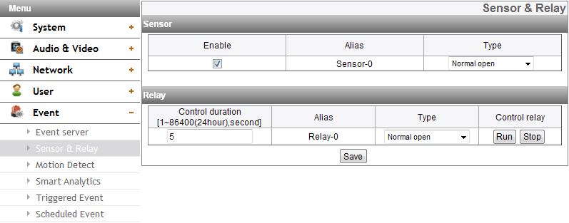 Sensor & Relay Motion Detect Sensor Relay > > Enable: Sensör etkinleştirilmesi için işaretlenmesi gerekmektedir. > > Alias: Sensör adını görüntüler. > > Type: Sensör tipini belirler.