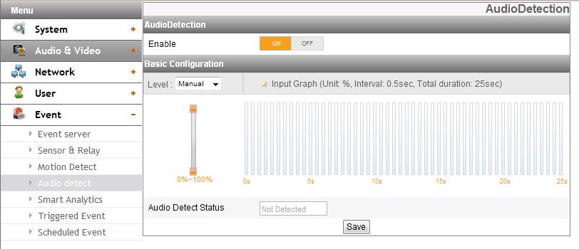 Audio detect (Geçerli Model: LNB5320, LNV5320R, LNU5320R) Audio Detection > > Enable: [ON] veya [OFF] durumuna ayarlar. [ON] seçildiğinde Temel Yapılandırma menüsü görüntülenir.