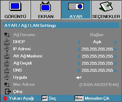 Kullanıcı Kontrolleri Ayar Ağ LAN Settings NOT v Ağ alt menüsüne yalnızca ağ kablosu bağlı olduğunda erişilebilir. Bağlantı başarılı olursa, OSD ekranında aşağıdaki iletişim kutusu gösterilir.