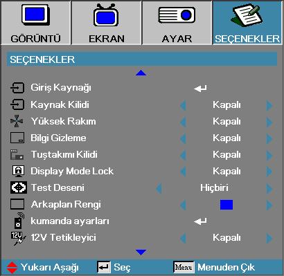 Seçenekler Kullanıcı Kontrolleri Tuştakımı Kilidi Projektörün üst panelindeki tuşları kilitleyin. 4Açık tuş takımı kilidinin doğrulanması için bir uyarı mesajı görüntülenir.