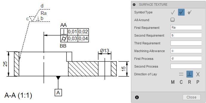 Resim 3. 43 Yüzey İşleme İşareti (Surface Texture) Ayarları Yüzey işleme işareti (Surface Texture) işlem sırası şöyledir. Komut çalıştırılır. Yüzey işleme işareti yüzey çizgisi tıklanır.