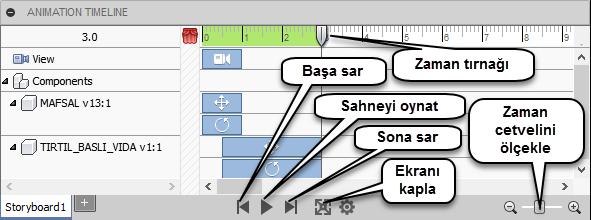 Animation Timeline menüsünün sol üst kısmında, kamera hareketlerinin ve tanımladığınız parça eylemlerinin, toplam süresi görülür.