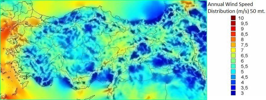 RÜZGAR ENERJİ POTANSİYELİ Resource potential Wind class Annual wind power density (W/m 2 ) Annual wind speed (m/s) Total capacity (MW) Good 4 400 500 7.0 7.5 29,259.36 Excellent 5 500 600 7.5 8.