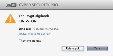 6.2 Çıkarılabilir medya tarama ve engelleme ESET Cyber Security Pro, takili çikarilabilir medya aygitlarinin (CD, DVD, USB, ios aygiti vb.) istege bagli taramasini gerçeklestirebilir.