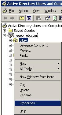 Bir organizasyon birimi için GPO tanımlamak istersek Resim 2.19 daki gibi önceden oluşturulmuş Biltek ismindeki Organizasyon birimlerine sağ tıklatıp Properties (Özellikler) seçmemiz ve Resim 2.