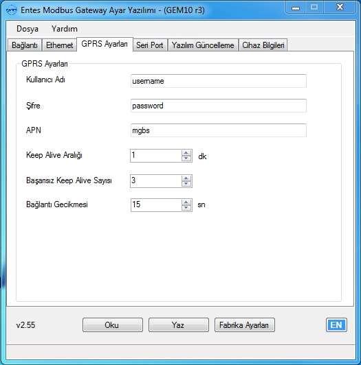 *** GEM10'un WEB arayüzüne erişim yalnızca ethernet portu üzerinden mümkündür. 2.3 GPRS Ayarları 2.3.1 Kullanıcı Adı GPRS bağlantısı için kullanılacak kullanıcı adı. 2.3.2 Şifre GPRS bağlantısı için kullanılacak şifre 2.