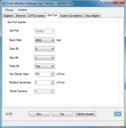 2.4 Seri Port Ayarları 2.4.1 Seri Port Seri haberleşmenin hangi porttan yapılacağını belirtir. Bu seçenekten RS485 veya RS232 arayüzünü seçebilirsiniz.