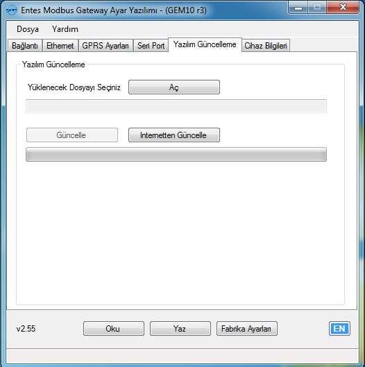 2.5 Yazılım Güncelleme GEM cihazının içerisine bu sekmeden güncellenmiş yazılımları yükleyebilirsiniz. Bunun için; i. Aç butonuna basarak yükleyeceğiniz dosyayı seçin. ii.