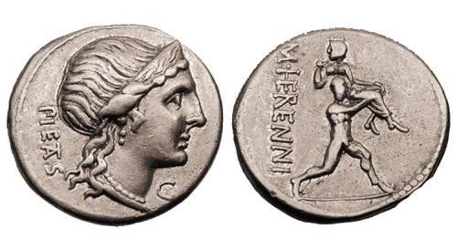 Sikkelerin ön yüzünde Tanrıça Roma veya Bellona, arka yüzde ise atlarının üzerinde Dioskurlar bulunur. - Denarius (X) - Quinarius (V) - Sestertius (IIS) -> ¼ Denarius M.Ö.