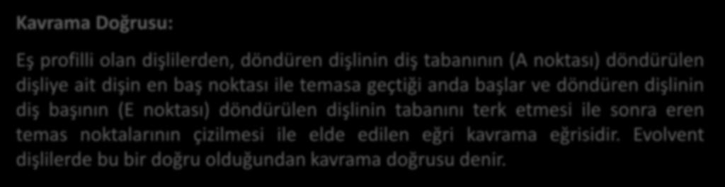 Dişli Çark Mekanizmasının Temel Boyutları Kavrama Doğrusu: Eş profilli olan dişlilerden, döndüren dişlinin diş tabanının (A noktası)