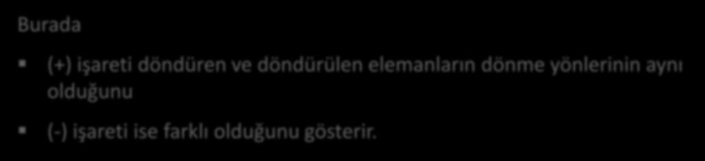 Güç ve Hareket İletim Elemanları Güç ve hareket iletim elemanları ile ilgili ifadeler: Çevrim Oranı: Dönme hızının değerini ve yön değişimini ifade eder ve: i / n n 12 1 2 1 / 2 Burada (+) işareti