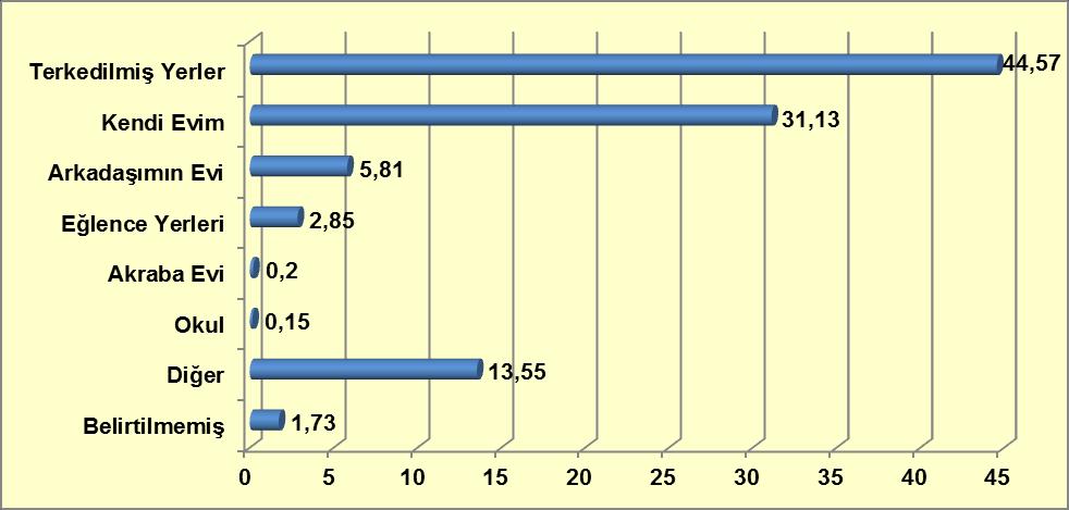 Grafik 9-13: Maddeyi Kullanım Yeri (%) Kaynak: Türkiye Uyuşturucu ve Uyuşturucu Bağımlılığı İzleme Merkezi, 2012.