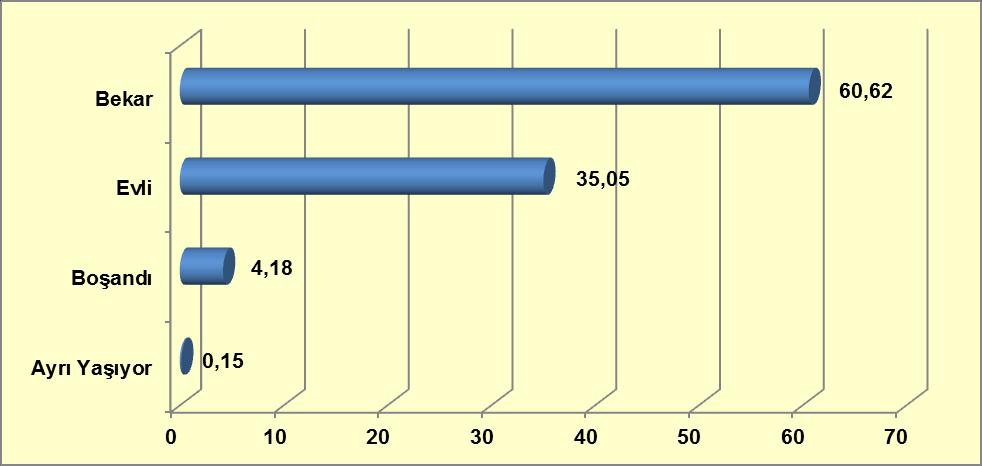 Grafik 9-14: Madde Kullanıcılarının Medeni Hallerine Göre Dağılımı (%) Kaynak: Türkiye Uyuşturucu ve Uyuşturucu Bağımlılığı İzleme Merkezi, 2012.