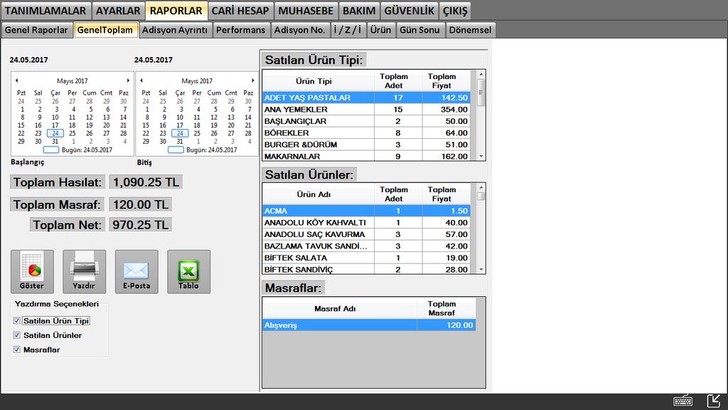 12 Raporlar ana başlığı altından Genel Toplam başlığında sistemde gerçekleşen hasılatı, masrafı, satılan ürünleri genel bir bakış ile gözlemleyebilirsiniz.