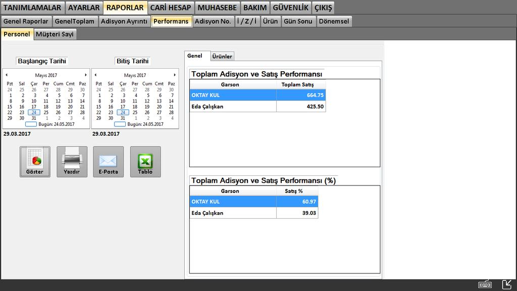 17 Raporlar ana başlığı altında personellerinizin ne kadar satış yaptığı, hangi ürünlerin ne kadar satıldığı