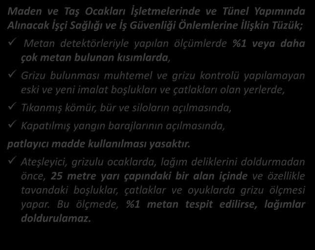 MEVZUAT PATLAYICI MADDE KULLANMA YA AĞI Maden ve Taş O akları İşlet eleri de ve Tü el Yapı ı da Alı a ak İşçi ağlığı ve İş Güve liği Ö le leri e İlişki Tüzük; Metan detektörleriyle yapıla ölçü lerde