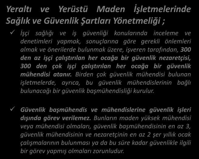 MEVZUAT GÜVENLİK BAŞMÜHENDİ LİĞİ, MÜHENDİ LİĞİ VE NE)ARETÇİ İ Yeraltı ve Yerüstü Maden İşlet eleri de ağlık ve Güve lik Şartları Yö et eliği ; İşçi sağlığı ve iş güve liği ko uları da inceleme ve