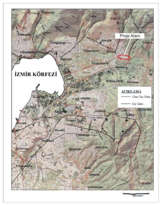 34 Şekil 3.4 Gölgelendirilmiş arazi modeli ve fay hatları veri katmanının çakıştırılmış görüntüsü (Kıncal, 2005) Yüksel Proje tarafından hazırlanmış olan İzray İzmir Hafif Raylı Sistemi 2. Aşama(1.