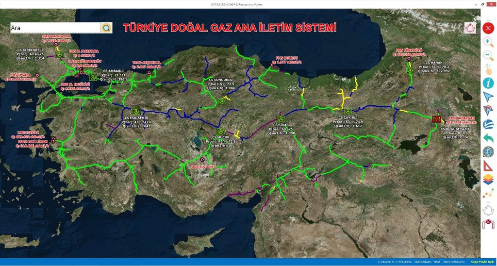 BOTAŞ CBS - Projenin Amacı ve Kapsamı Uygulamanın amacı, bilgileri kontrol etmek ve istasyon, boru hatlarının durumunu harita üzerinde gerçek zamanlı data ile dinamik olarak izlemektir.