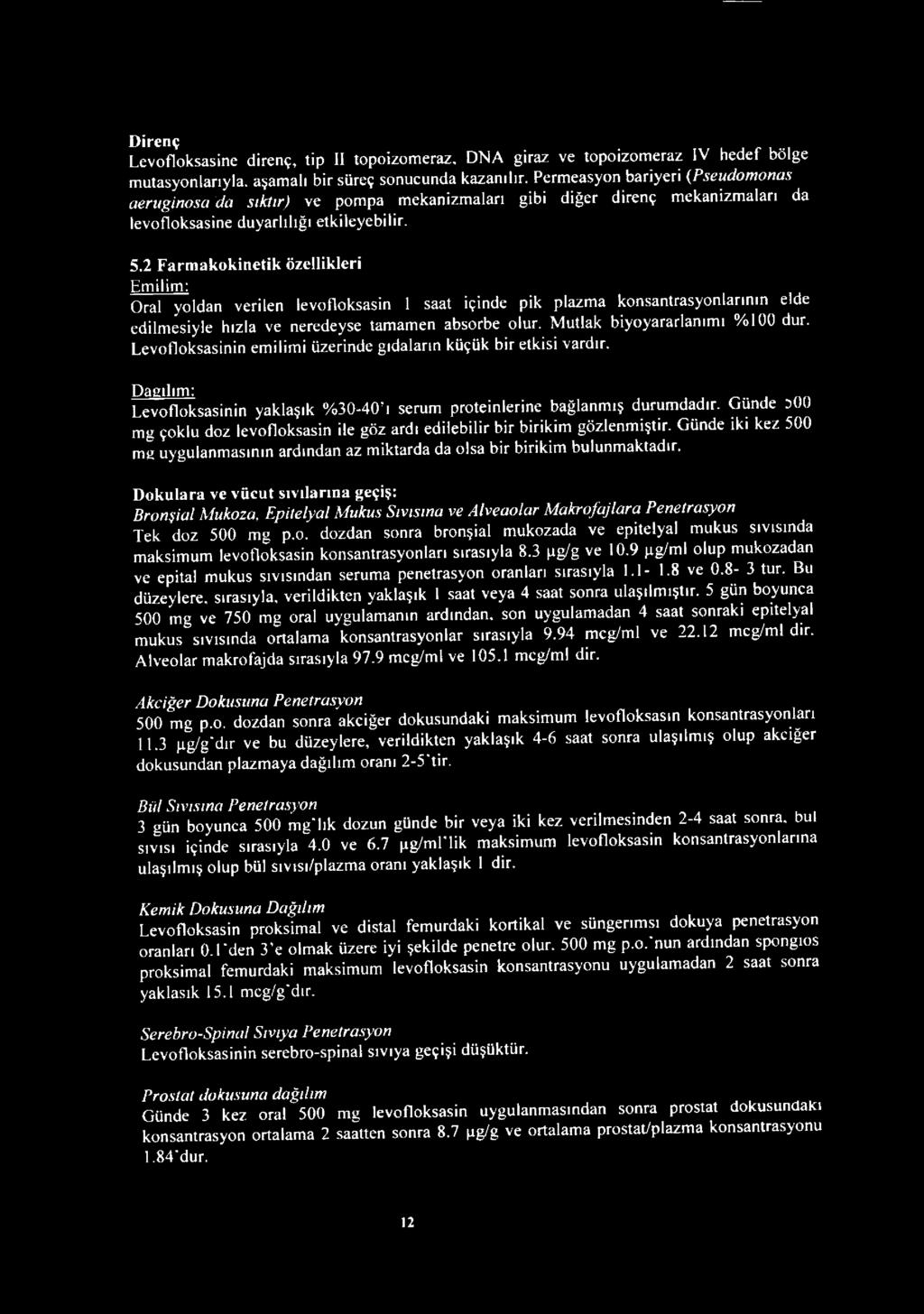 2 Farmakokinetik özellikleri Emilim: Oral yoldan verilen levofloksasin 1 saat içinde pik plazma konsantrasyonlarının elde edilmesiyle hızla ve neredeyse tamamen absorbe olur.