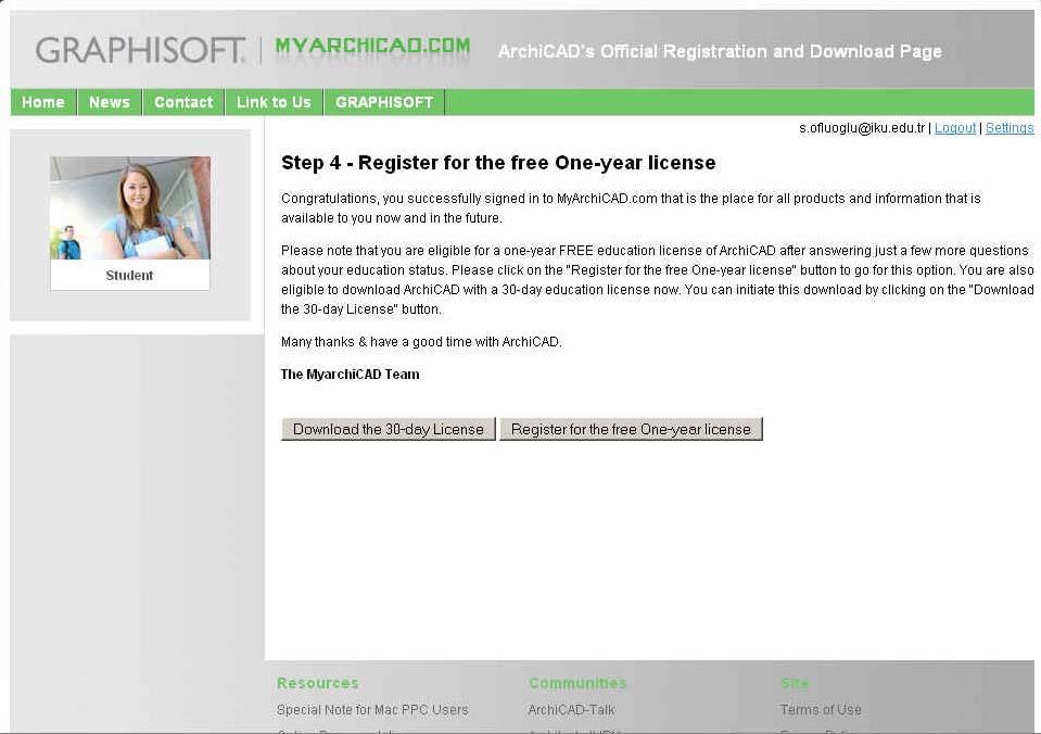 6. ADIM: Burada iki düğme bulunur: Download the 30 day License (30 günlük sürümü hemen indirmenizi sağlar) ve Register for the free One year license (Sizi bir