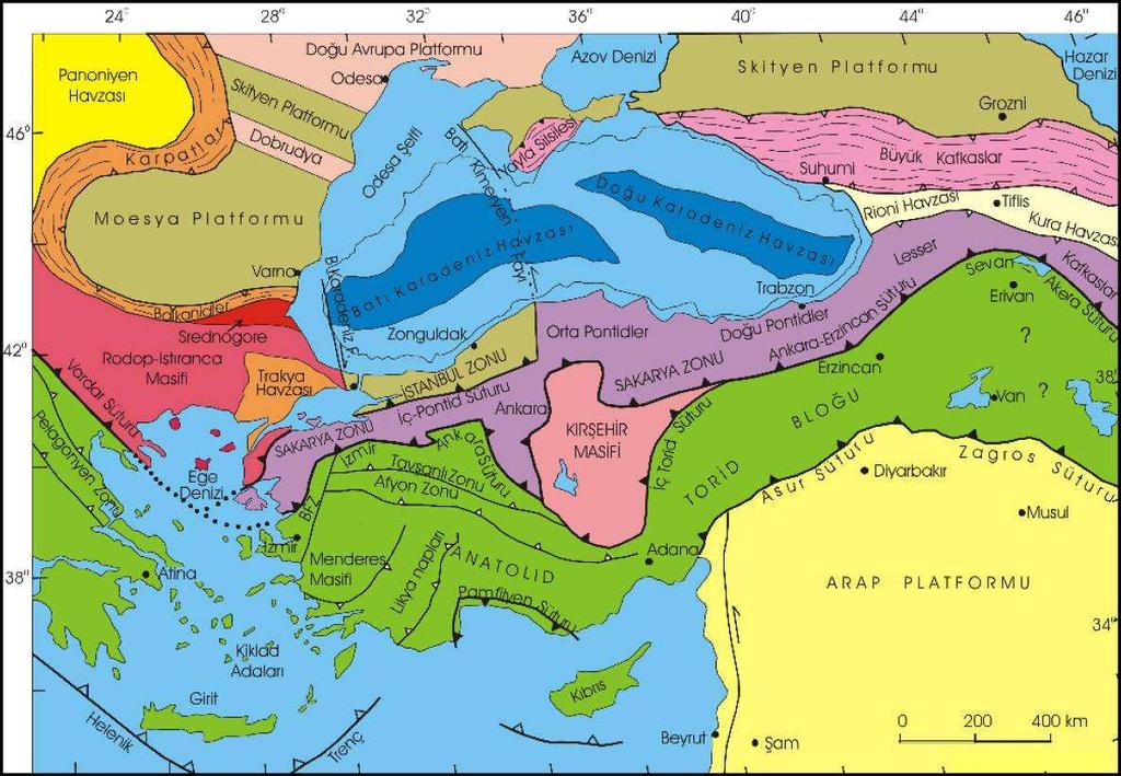 Okay ve Tüysüz (1999) yapmış oldukları çalışmada Türkiye nin tektonik birliklerini Rodop-Istıranca Zonu, İstanbul Zonu, Sakarya Zonu, Kırşehir Masifi, Torid-Anatolid Bloğu ve Arap Platformu olarak