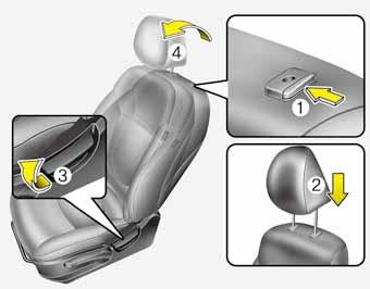 أدخل أعمدة مسند الرأس )2( يف الفتحات أثناء الضغط عىل زر التحرير )1(. 2. أم ل ظهر املقعد )4( باستخدام ذراع اإلمالة.)3( 3. اضبط مسند الرأس عىل االرتفاع املالئم.