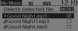 تعرف عىل سيارتك حذف الكل اضغط عىل مفتاح MENU اضبط ] Del.All[ )حذف الكل( من خالل قرص التوليف أو مفتاح. 5 لحذف جميع األغاين من My Music )املوسيقى(. حذف التحديد اضغط عىل مفتاح MENU اضبط ] Del.