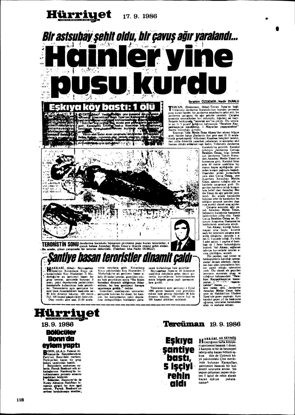 17.9. 1986 BII astsubayléh!t oldu,' blr'çaru, a;11yaralandl '", Ibr.hlm OZDEMiR-N.dlr DUMLU ERCAN. (Emnc.n). (bh.)- Terean IlÇOO1'nebath T Y'lUarustu Jandanna Kar.kalu'nun lojmam Ç'evr8in~ PU8U kur.