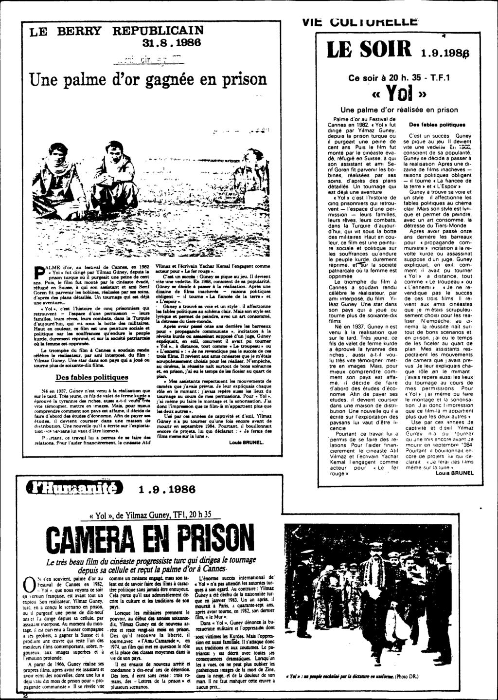 LE BERRY REPUBLICAIN 31.8.1986 Cif, " Une palme d'or gagnée en prison P ALME d'or, au f.. "val de Cannee, en 1982 'loi.