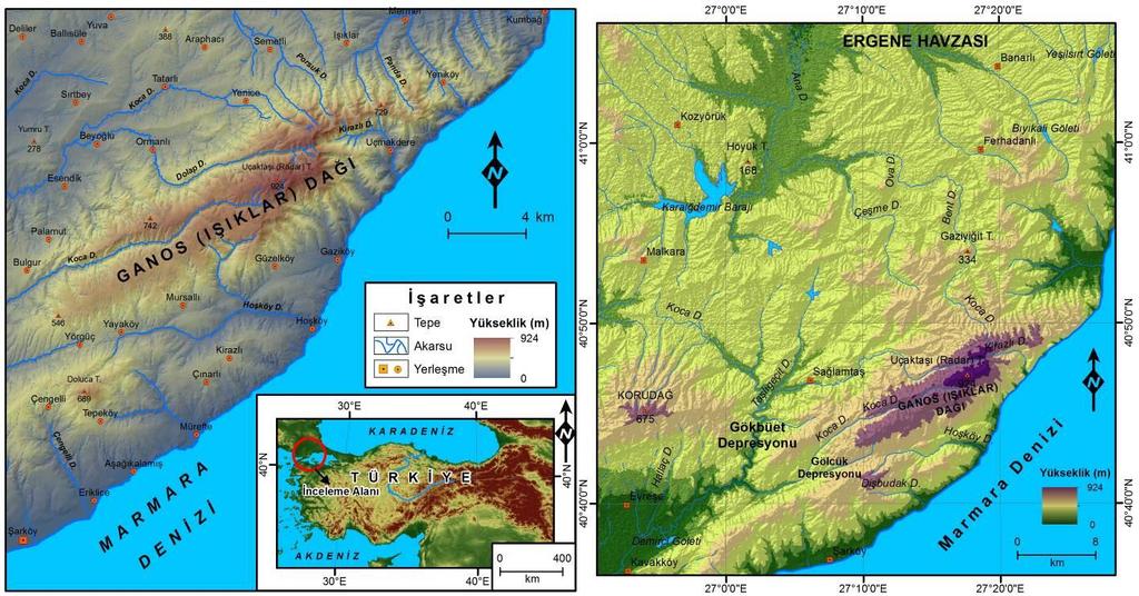 İnceleme alanı, Türkiye nin kuzeybatı kesiminde Türkiye nin Coğrafi Bölgelerine göre Marmara Bölgesi nin Ergene Bölümü nde yer alan Ganos Dağı dır (Şekil 2).