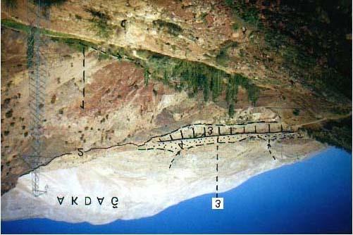F.Ü.Sosyal Bilimler Dergisi 2002 12 (1) Foto 2: Akdağ ın güney yamacında Güneydoğu Anadolu bindirme zonuna yerleşen Bulam çayı vadisi (1) kuzey yamacında ofiyolitlerin