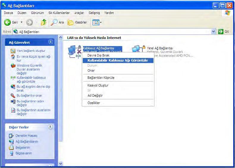 5. Açılan pencereden Kablosuz Ağ Bağlantısı na sağ