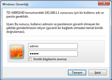 3- Açılan pencerede sizden cihaz arayüz Kullanıcı adı (username) ve Şifre (password) istenecektir. Cihazın varsayılan değerler cihazın altındaki etikette yazmaktadır.