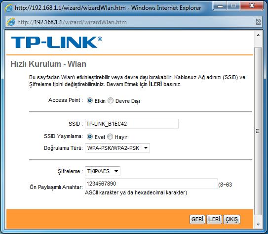 9- Hızlı Kurulum Wlan penceresinde cihazın kablosuz ağ ayarlarını yapılandırınız. * Access Point: Kablosuz ağınızı etkinleştirebilir veya devre dışı bırakabilirsiniz.