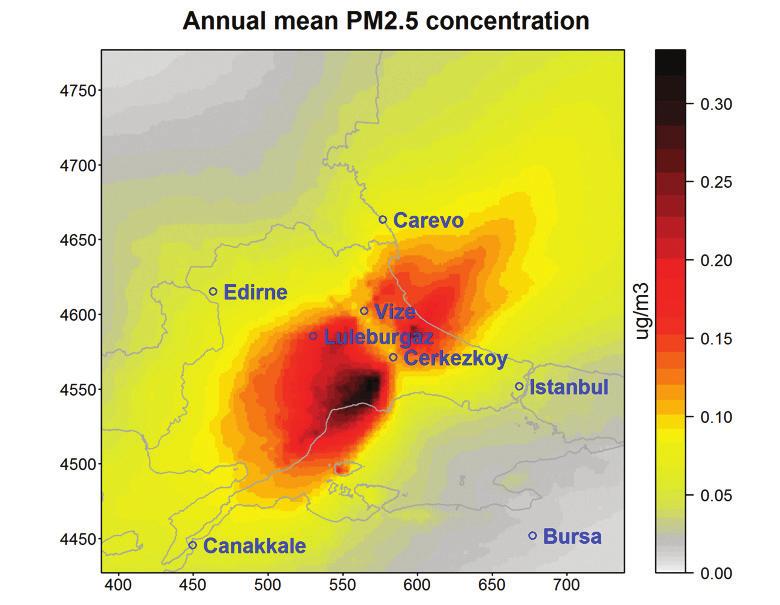 Hava kalitesine etkileri Yıllık ortalama PM2,5 konsantrasyonu Şekil 1 Çerkezköy ve Vize kömür santrallerinin