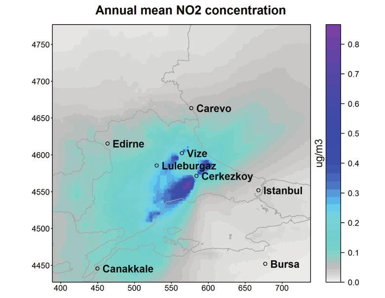 Yıllık ortalama NO 2 konsantrasyonu Şekil 3 Çerkezköy ve Vize kömür santrallerinin emisyonlarından kaynaklanan
