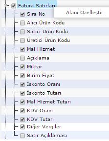 o İskonto Tutarı o Mal Hizmet Tutarı o KDV Oranı o KDV Tutarı o Diğer Vergiler o Satır Açıklaması Yeni bir fatura şablonu oluştururken yukarıda bulunan alanlardan Alıcı Ürün Kodu, Satıcı Ürün Kodu,