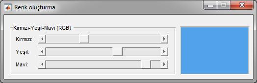 Renk (RGB) oluşturma %--- Her üç slider için function slider_callback(hobject, eventdata, handles) r=get(handles.slider,'value');g=get(handles.slider2,'value');b=get(handles.