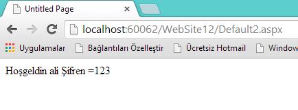 Default.aspx protected void Button1_Click(object sender, EventArgs e) string Kullanici = TextBox1.Text; string Sifre = TextBox2.