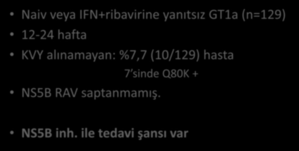 COSMOS Çalışması: SOF + SMV Naiv veya IFN+ribavirine yanıtsız GT1a (n=129) 12-24 hafta KVY alınamayan: %7,7