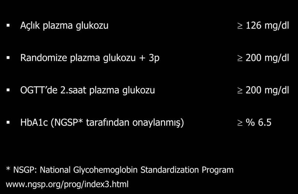 DiABETES MELLİTUSUN TANI KRiTERLERi-2010 Açlık plazma glukozu 126 mg/dl Randomize plazma glukozu + 3p 200 mg/dl OGTT de 2.