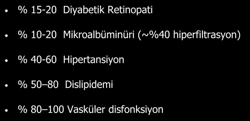 Tip 2 Diyabette Tanı Henüz Konulduğunda Saptanan Komplikasyonlar % 15-20 Diyabetik Retinopati % 10-20