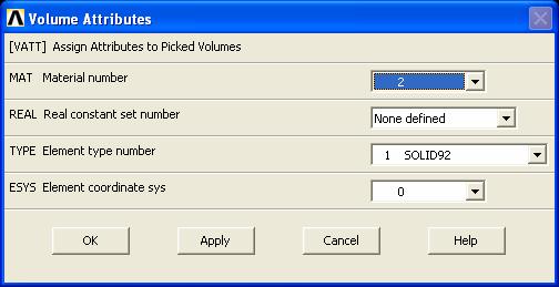Preprocessor > Meshing > Mesh Attributes > Picked Volumes tıklanır ve pim seçilir, Apply tıklanır.
