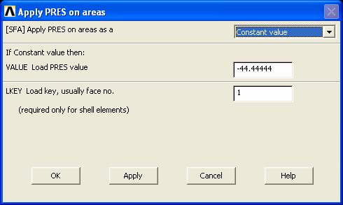 Solution > Define Loads > Apply > Structural > Pressure > On Areas tıklanır.