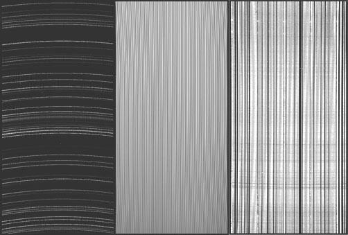 Şekil 1. Toryum-argon lambası (solda), düz-alan (ortada) ve yıldızların (sağda) GIRAFFE tayfçekeri ile elde edilen tayfları (http://www.eso.org/) yöresinde ve yaklaşık 500 pc uzaklıkta bulunmaktadır.