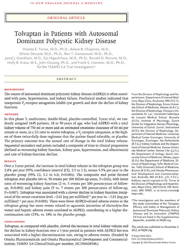 TEMPO (Tolvaptan Efficacy and Safety in Management of Polycystic Kidney Disease and Its Outcomes) Randomize, plasebo kontrollü, çift-kör, faz 3 çalışma