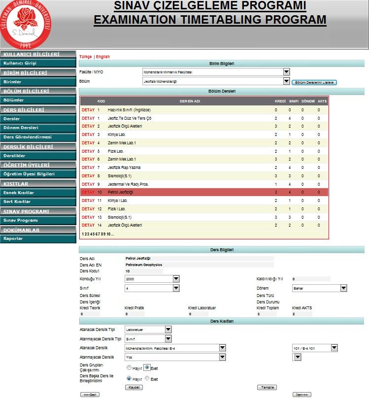 3.2.4.3. Dersler ekranı: Bölümdeki müfredatta okutulan derslerin ders kodu, ders adı, saat toplamı gibi bilgilerinin listelendiği ve