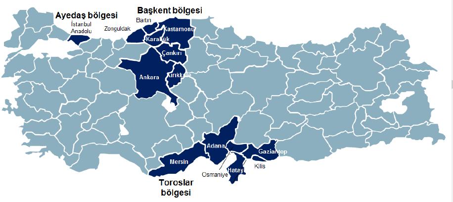 Kullanıcı Sayısı (milyon) Tüm Bölgeler Arasındaki Sıra Fatura Edilmiş Tüketim (TWh) Tüm Bölgeler Arasındaki Sıra Dağıtım Şebekesi Uzunluğu (km 2 ) Tüm Bölgeler Arasındaki Sıra AYEDAŞ 2,8 6. 12,3 7.